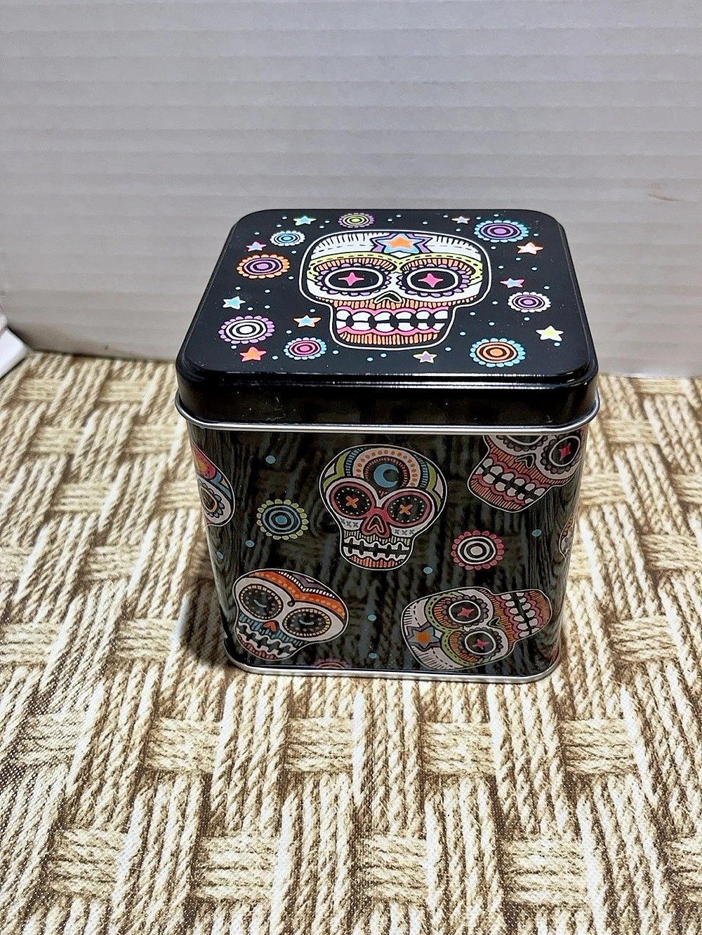 Skull Print Metal Storage Tin 4”square